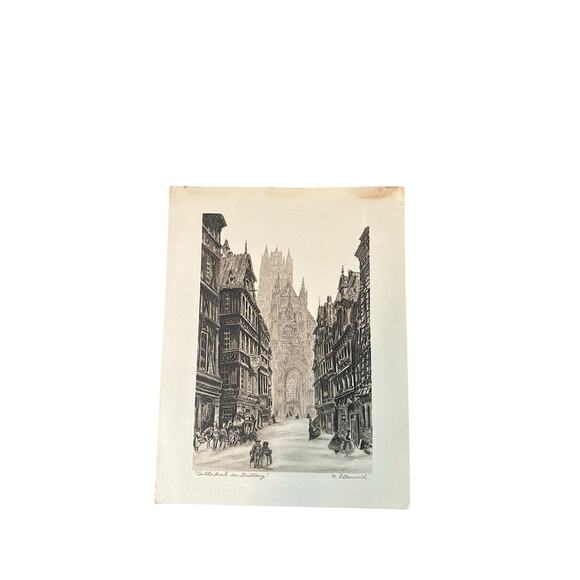 "Cathedral in Brittany" by Ellsworth 1940s Etching Reproduction Art 9" x 12” - Picture 2 of 2